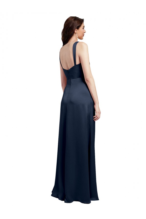 Cowl Neck Soft Long Stretch Satin Prom Dress with Side Slit and Pleated Straps