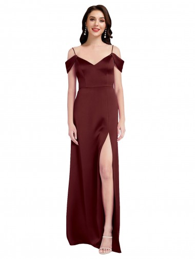 Buy Draped Off the Shoulder Sleeves Slim A-Line Stretch Satin Prom Dress with Side Slit UK