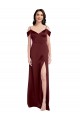 Draped Off the Shoulder Sleeves Slim A-Line Stretch Satin Prom Dress with Side Slit