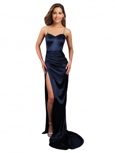 Buy Pleated Sash Skirt Long Stretch Satin Prom Dress with High Slit UK