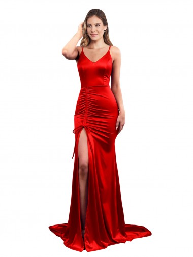 Buy Long Pleated Stretch Satin Prom Dress with High Slit UK