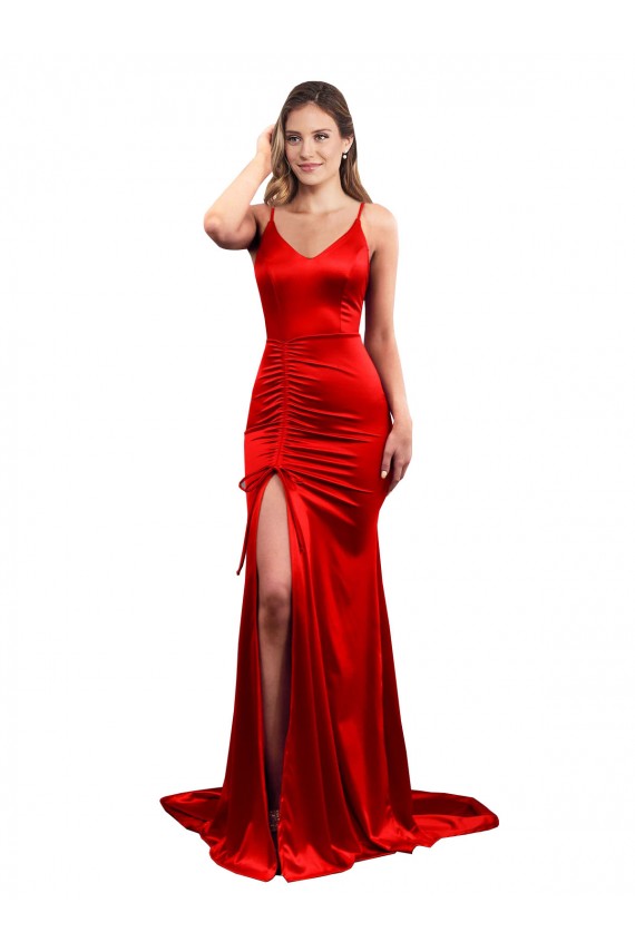 Long Pleated Stretch Satin Prom Dress with High Slit