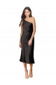 Sleek One Shoulder Midi Length Short Stretch Satin Slip Cocktail Prom Dress / Homecoming Dress