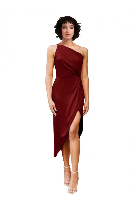 One Shoulder Midi Length Short Stretch Satin Wrap Style Cocktail Prom Dress / Homecoming Dress