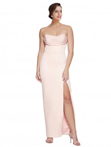 Buy Cowl Neck Strapless Stretch Satin Prom Dress with High Split UK