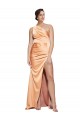 One Shoulder Ruched Stretch Satin Prom Dress with Thigh High Split