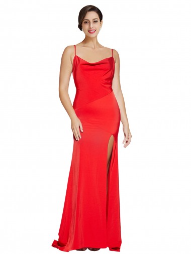 Buy Low Back Cowl Neck Stretch Satin Prom Dress with High Side Slit UK