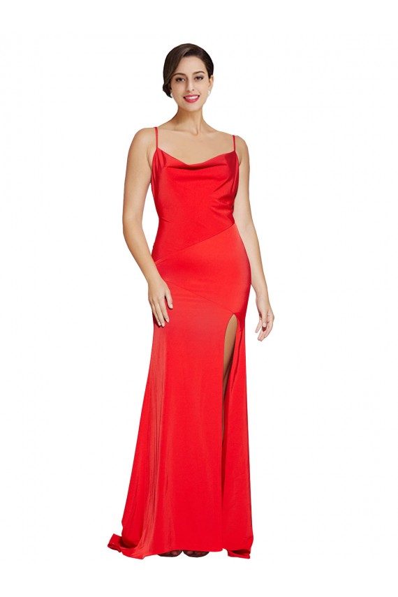 Low Back Cowl Neck Stretch Satin Prom Dress with High Side Slit