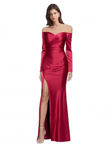 Buy Long Sleeves Off the Shoulder Stretch Satin Prom Dress with High Side Split UK