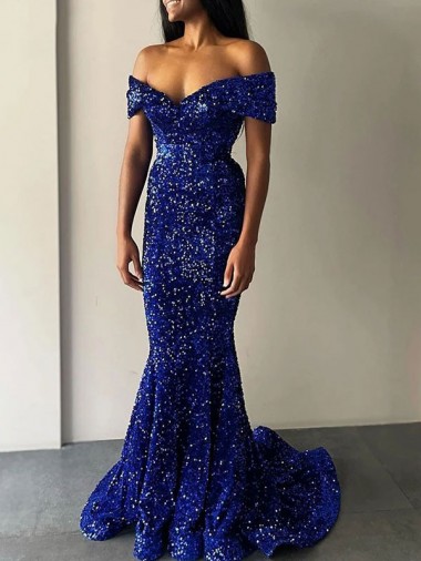 Buy Mermaid Off the Shoulder Sleeveless Long Sweep Train Velvet Sequin Prom Dress UK