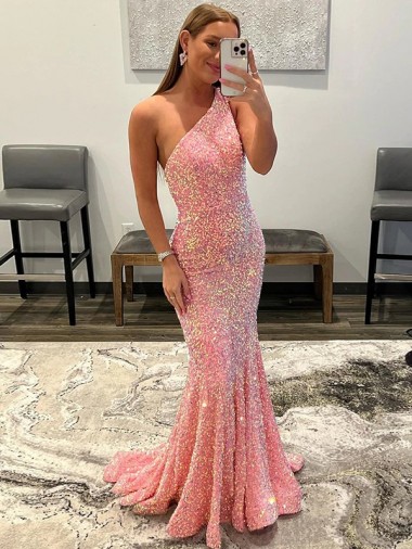 Buy Open Back One Shoulder Sleeveless Long Sweep Train Velvet Sequin Prom Dress UK