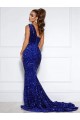 Mermaid One Shoulder Sleeveless Long Court Train Velvet Sequin Prom Dress with Slit