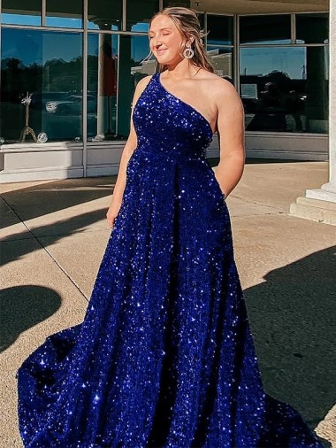 Buy A-Line One Shoulder Sleeveless Long Sweep Train Velvet Sequin Prom Dress with Pockets UK