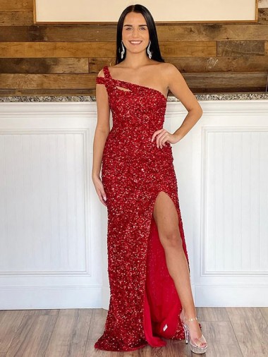 Buy One Shoulder Sleeveless Long Sweep Train Velvet Sequin Prom Dress UK
