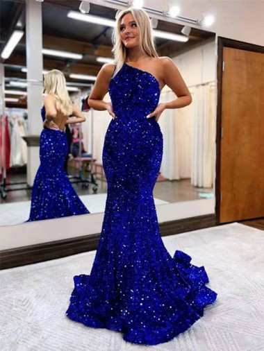 Buy Mermaid One Shoulder Open Back Long Sweep Train Velvet Sequin Prom Dress UK