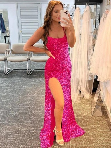 Buy Spaghetti Straps Sleeveless Long Velvet Sequin Prom Dress with Slit and Criss Cross Open Back UK