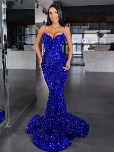 Buy Mermaid Spaghetti Straps Sleeveless Long Sweep Train Velvet Sequin Prom Dress UK