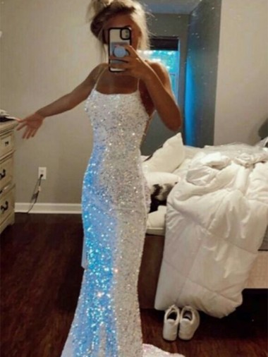 Buy Long Spaghetti Straps Sleeveless Sweep Train Velvet Sequin Prom Dress UK