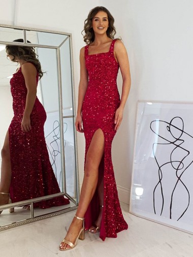 Buy Square Neck Sleeveless Long Velvet Sequin Prom Dress with Slit UK