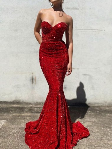 Buy Mermaid Sweetheart Sleeveless Long Court Train Velvet Sequin Prom Dress UK