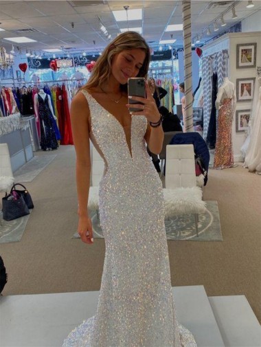 Buy V-Neck Sleeveless Long Velvet Sequin Prom Dress with Sweep Train UK