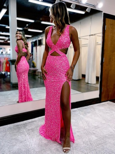 Buy Long V-Neck Sleeveless Sweep Train Velvet Sequin Prom Dress with High Slit UK