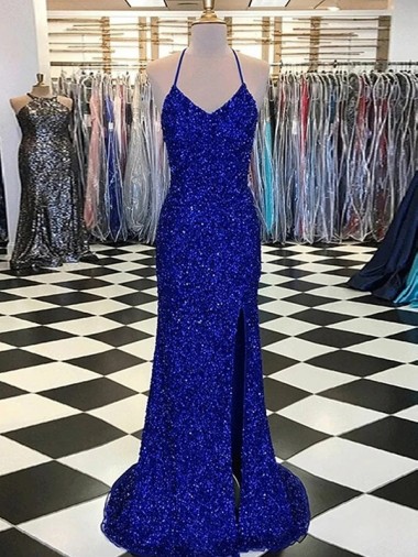 Buy V-Neck Sleeveless Long Velvet Sequin Prom Dress UK