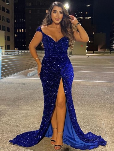 Buy V-Neck Sleeveless Long Sweep Train Velvet Sequin Prom Dress with Slit UK