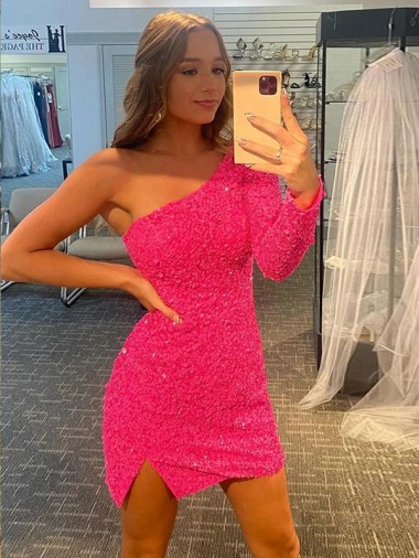 Buy Short Velvet Sequin One Shoulder Long Sleeves Prom Dress UK