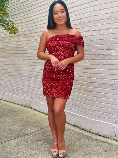 Buy Short One Shoulder Sleeveless Velvet Sequin Cocktail Prom Dress UK