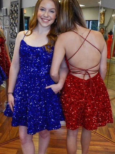 Buy A-Line Spaghetti Straps Sleeveless Short Velvet Sequin Prom Dress UK