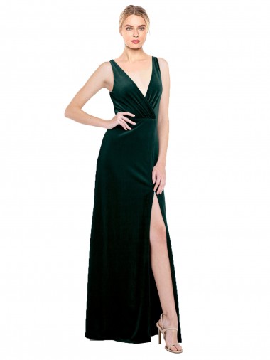 Buy Sleek V-Neck Long Velvet Prom Dress with Side Slit UK