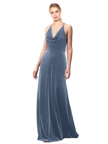 Buy Halter Cowl Neck Long A-Line Velvet Prom Dress with Keyhole Back UK