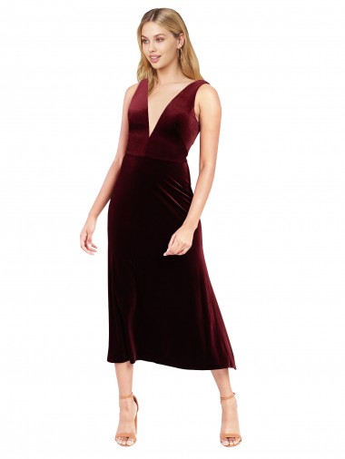 Buy Daring Plunging V-Neckline Short Midi Length Velvet Cocktail Prom Dress / Homecoming Dress UK