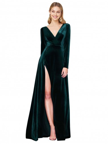 Buy Deep V-Neck Long Sleeves Velvet Prom Dress with High Side Split UK