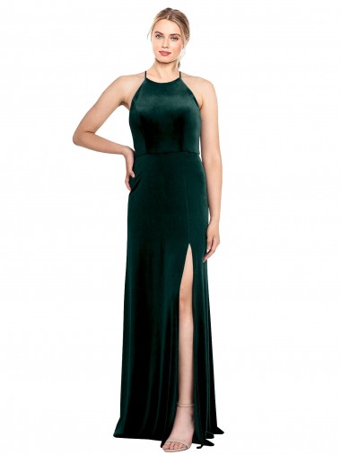 Buy Long Jewel Neck Full Length Velvet Prom Dress with Side Slit UK