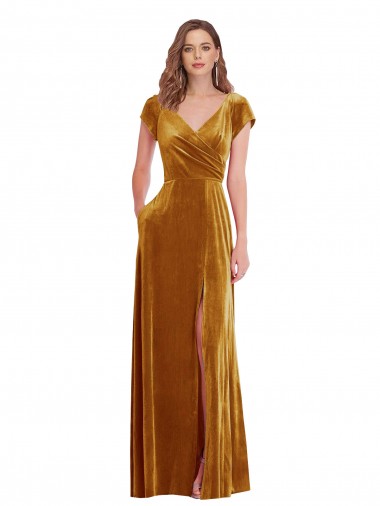 Buy Cap Sleeve Faux Wrap Velvet Maxi Prom Dress with Pockets UK