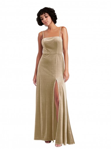 Buy Square Neck Velvet Maxi Prom Dress with Front Slit & Pockets UK