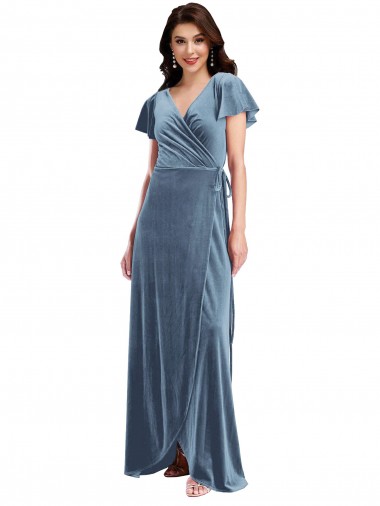 Buy Flutter Sleeve Velvet Wrap Maxi Prom Dress with Pockets UK