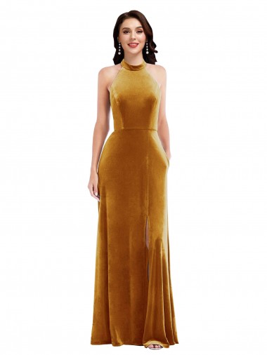 Buy High-Neck Halter Velvet Maxi Prom Dress with Front Slit UK