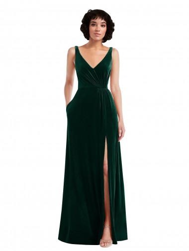 Buy Floor Length Velvet Maxi Prom Dress with Shirred Bodice and Front Slit UK