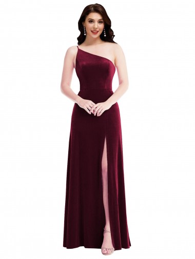 Buy One Shoulder Spaghetti Strap Velvet Maxi Prom Dress with Pockets UK