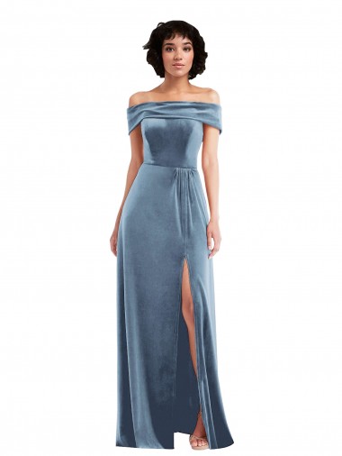 Buy Draped Cuff Off the Shoulder Velvet Maxi Prom Dress with Pockets UK