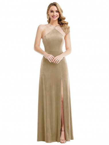 Buy High Neck Halter Open Back Long Velvet Maxi Prom Dress with Pockets UK