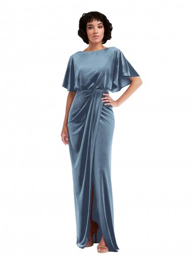 Buy Flutter Sleeve Open Back Velvet Maxi Prom Dress with Pockets & Draped Wrap Skirt UK