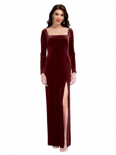 Buy Sleek Square Neck Spaghetti Straps Velvet Prom Dress with Side Slit UK