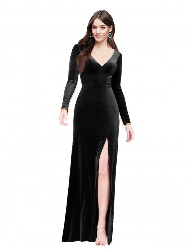 Buy Long Sleeves Velvet Prom Dress with V-Neckline and Thigh Slit UK