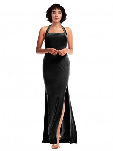 Buy Empire Waist Stretch Velvet Prom Dress with Halter Strap UK