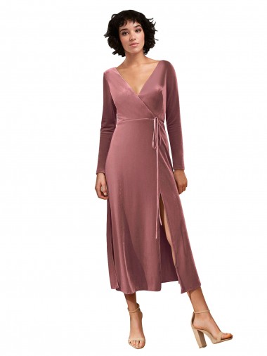 Buy Long Sleeve Velvet Faux Wrap Midi Length Prom Dress UK