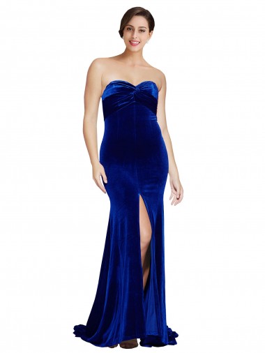 Buy Strapless Ruched Velvet Prom Dress with Sweep Train and Front Slit UK